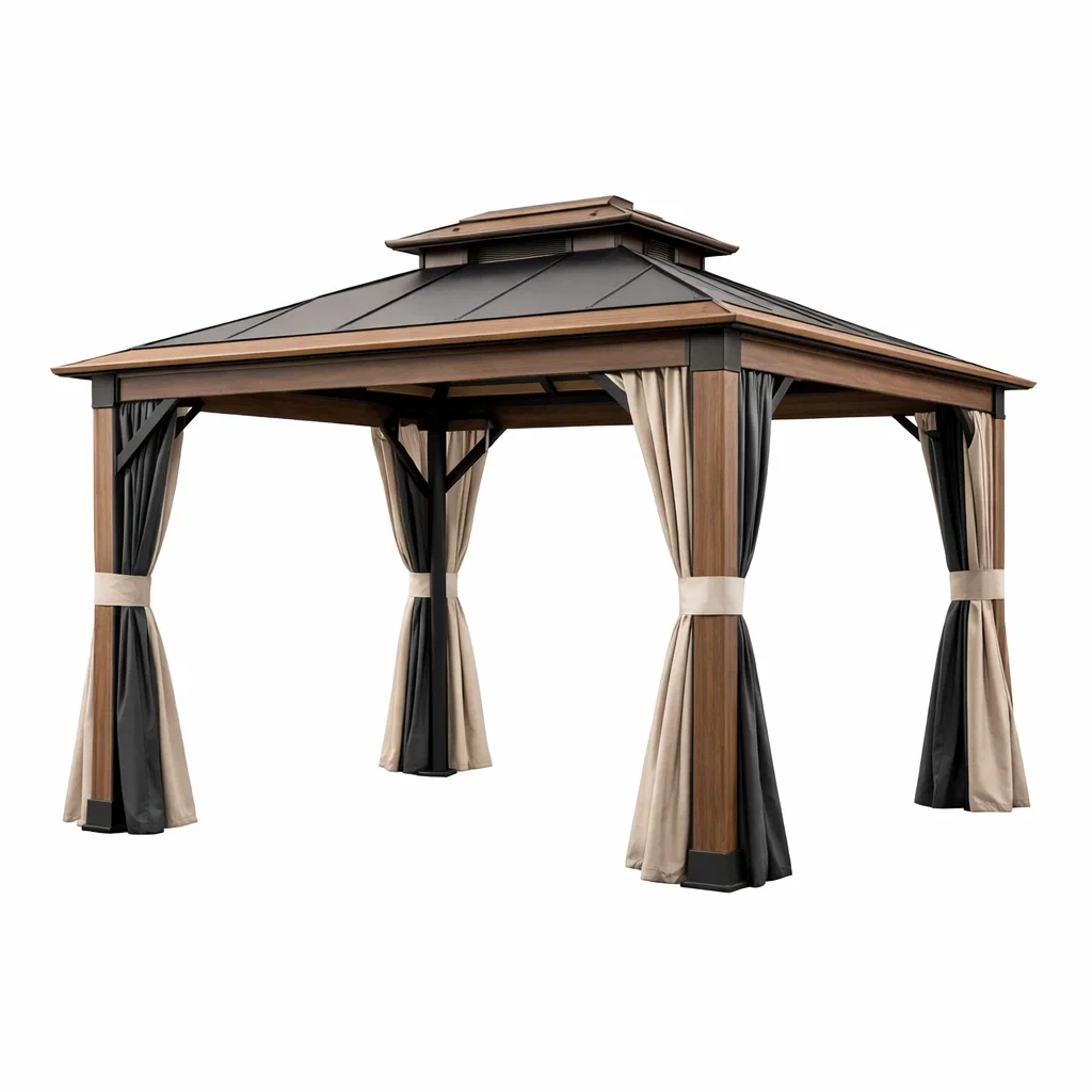 Pavillon en métal et polyester avec rideaux beige et gris-homestyleo