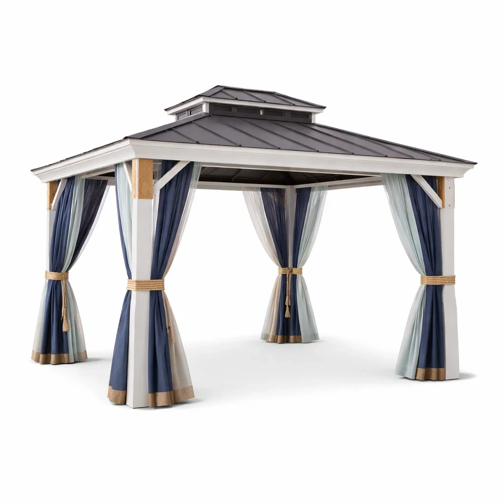 Pavillon de jardin en aluminium et bois avec rideaux en polyester-homestyleo