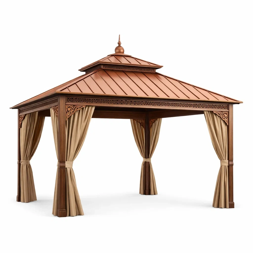 Pavillon de jardin en aluminium avec toit en acier et rideaux en polyester marron et beige-homestyleo
