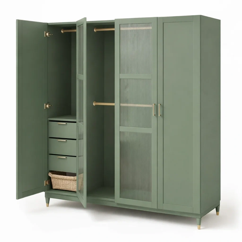 Green Modern Bedroom Wardrobe 4 Door Storage Closet Cabinet-HavenLoria
