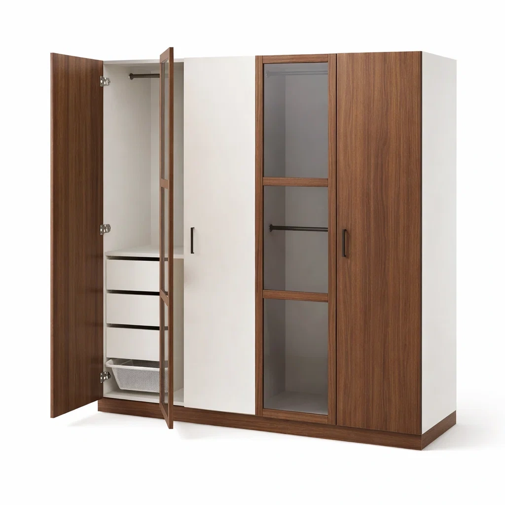 Brown Modern Bedroom Wardrobe 4 Door Storage Closet Cabinet-HavenLoria