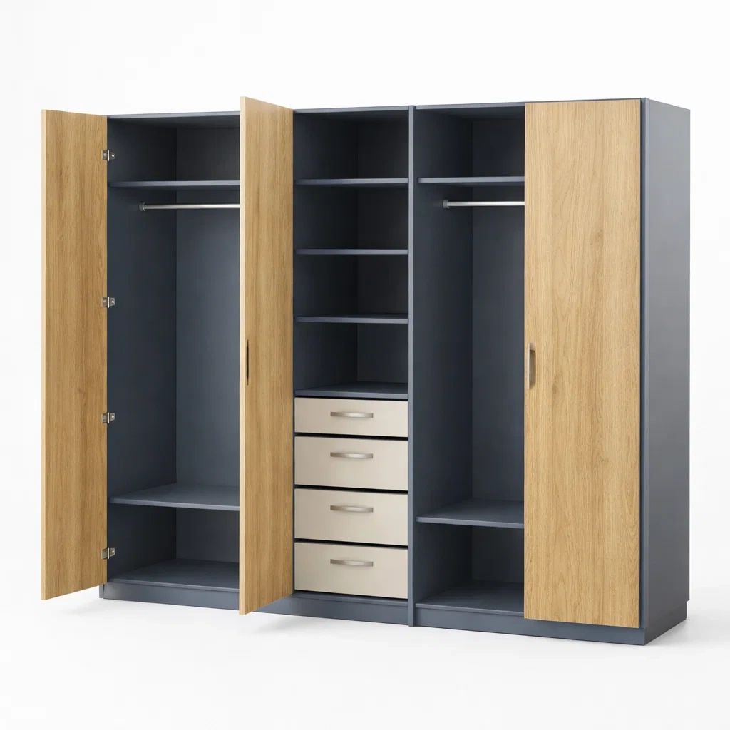 Gray Wood Modern Bedroom Wardrobe 4 Door Storage Closet Cabinet-HavenLoria