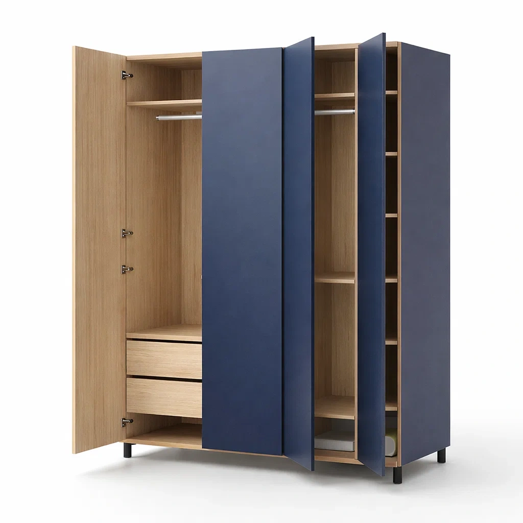 Blue Modern Bedroom Wardrobe 4 Door Storage Closet Cabinet-HavenLoria