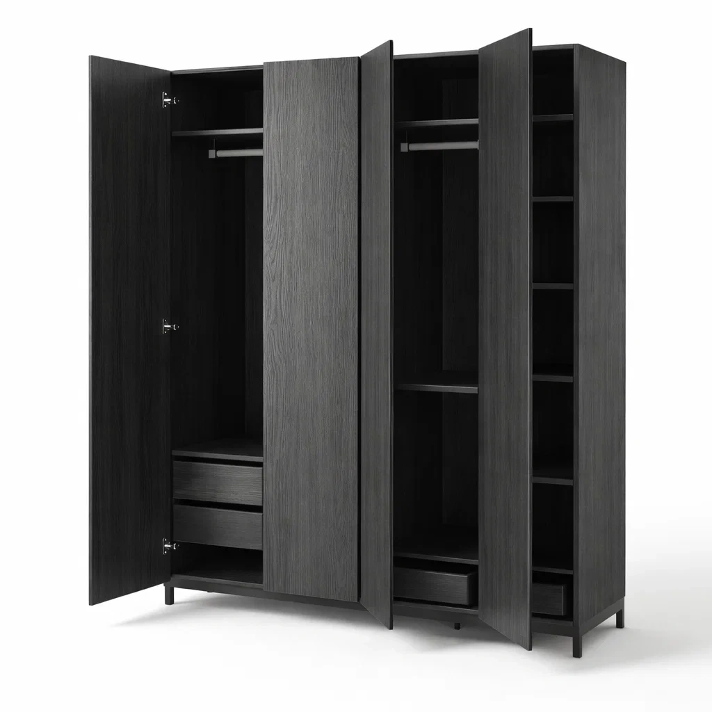 Black Modern Bedroom Wardrobe 4 Door Storage Closet Cabinet-HavenLoria