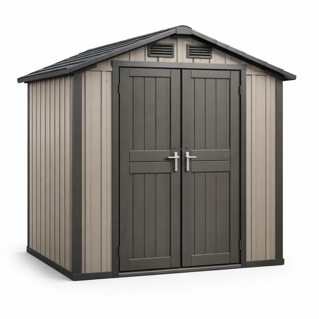 Gray Outdoor Storage Shed Double Door Resin Backyard Shed-HavenLoria