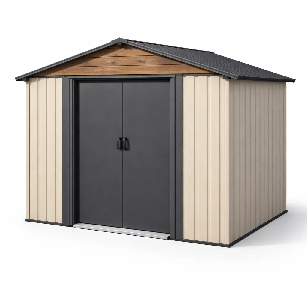 Beige Outdoor Storage Shed Metal Door Garden Tool Shed-HavenLoria
