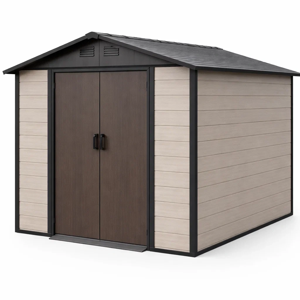 Beige Outdoor Storage Shed Wood Texture Door Resin Shed-HavenLoria