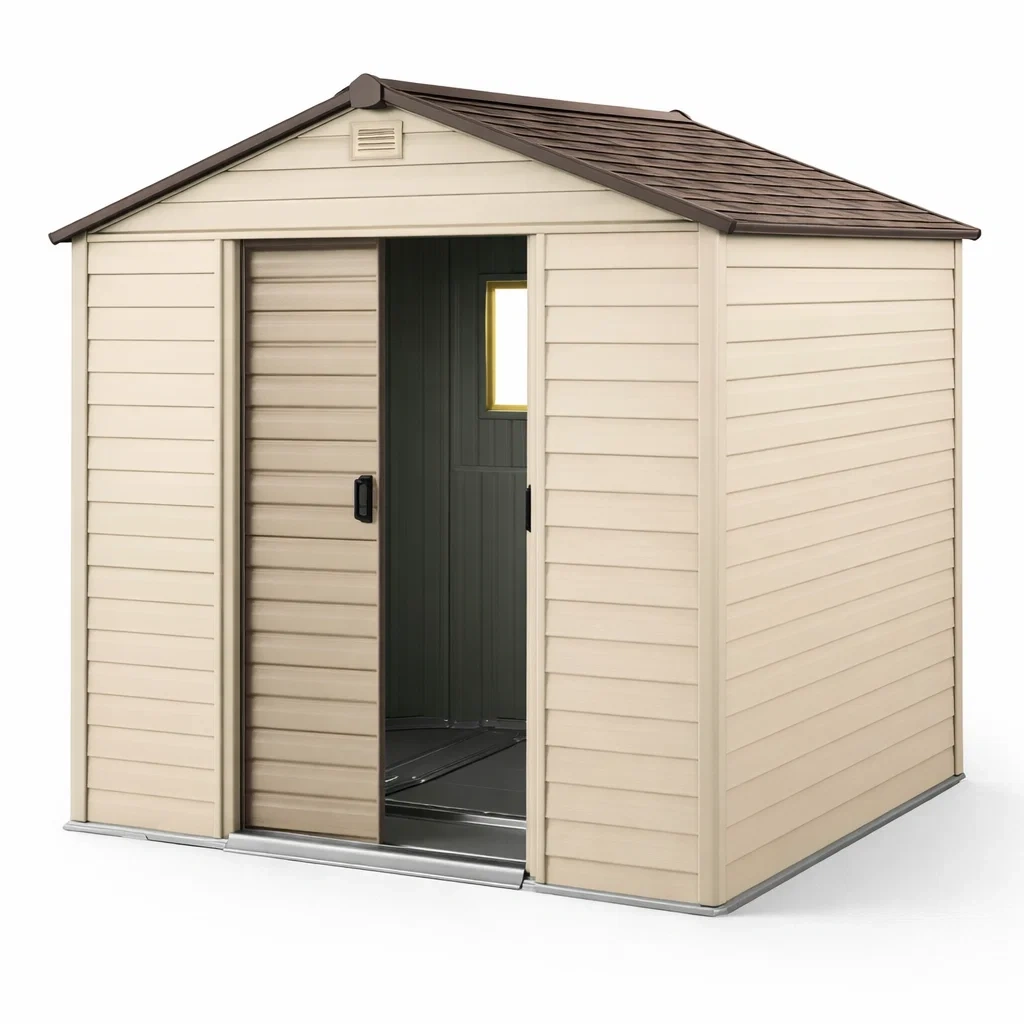 Beige Outdoor Storage Shed Sliding Door Resin Garden Shed-HavenLoria