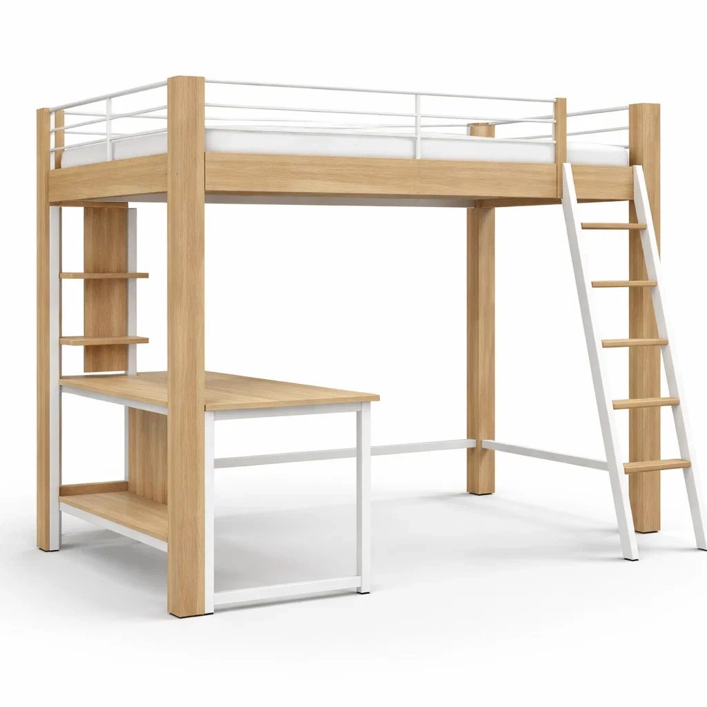 Natural Oak Loft Bed With Study Desk-HavenLoria