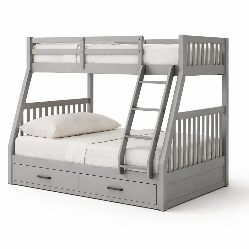 Gray Wood Bunk Bed With Storage Drawers-HavenLoria