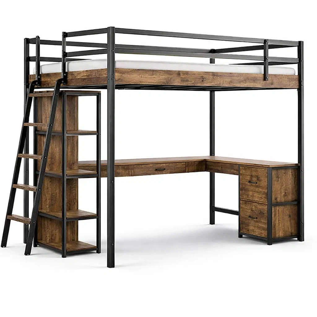 Rustic Brown Loft Bed With Desk Storage-HavenLoria