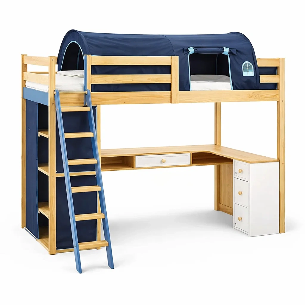 Natural Pine Kids Loft Bed With Tent-HavenLoria