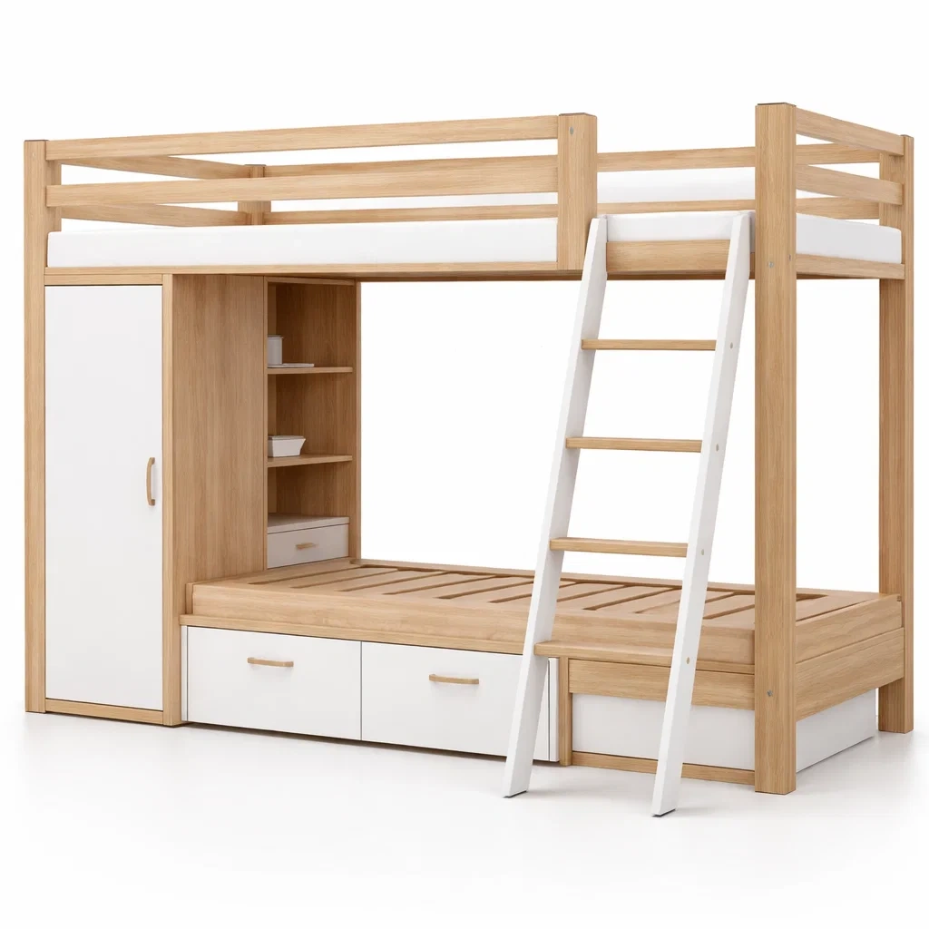 Natural Oak Bunk Bed With Wardrobe Storage-HavenLoria