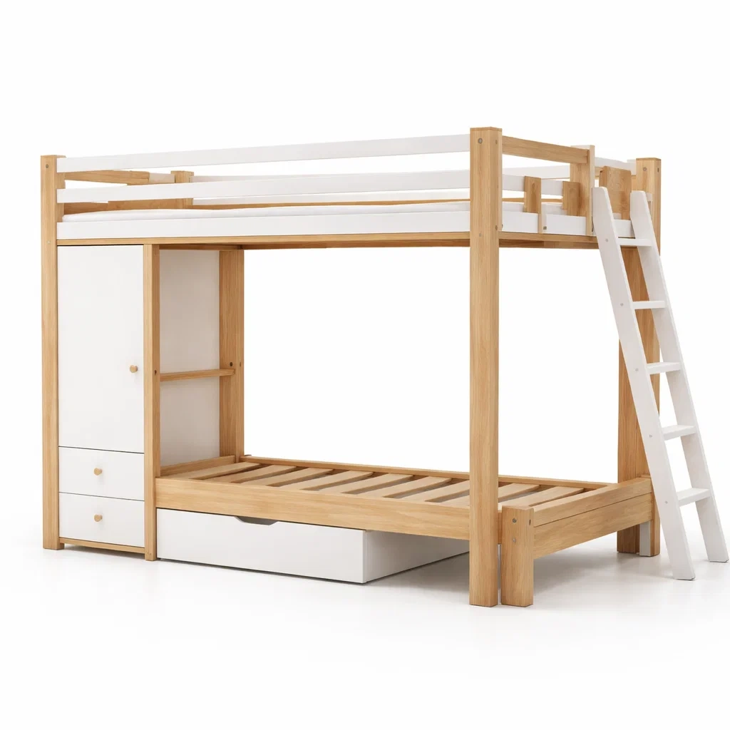 Light Oak Bunk Bed With Cabinet Storage-HavenLoria