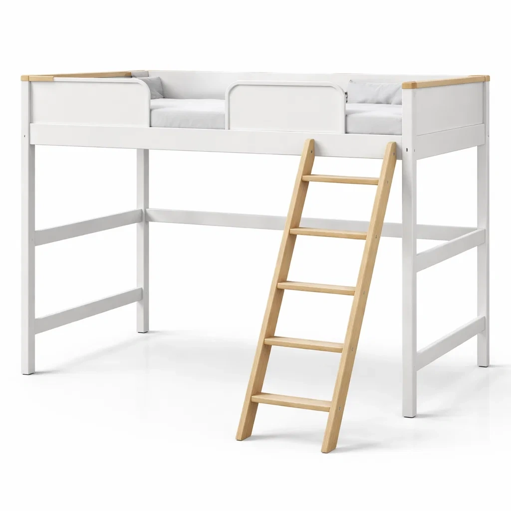 White Wood Loft Bed With Ladder Frame-HavenLoria