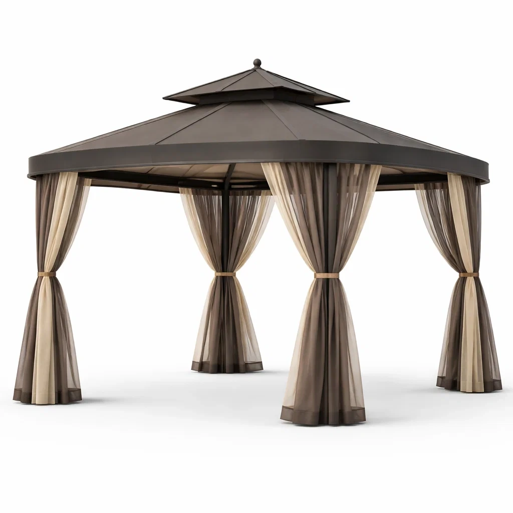 Beige Outdoor Metal Roof Gazebo With Curtains-HavenLoria