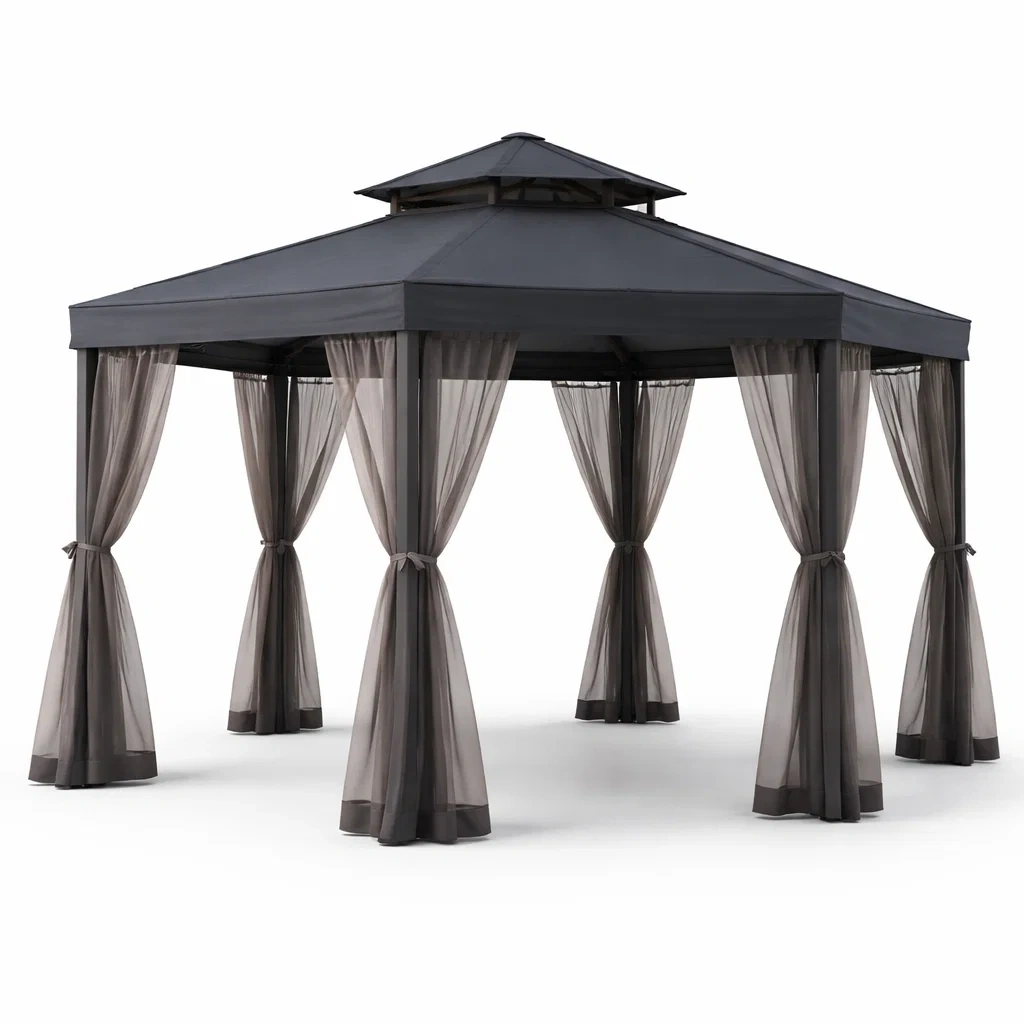 Dark Gray Outdoor Patio Gazebo With Curtains-HavenLoria