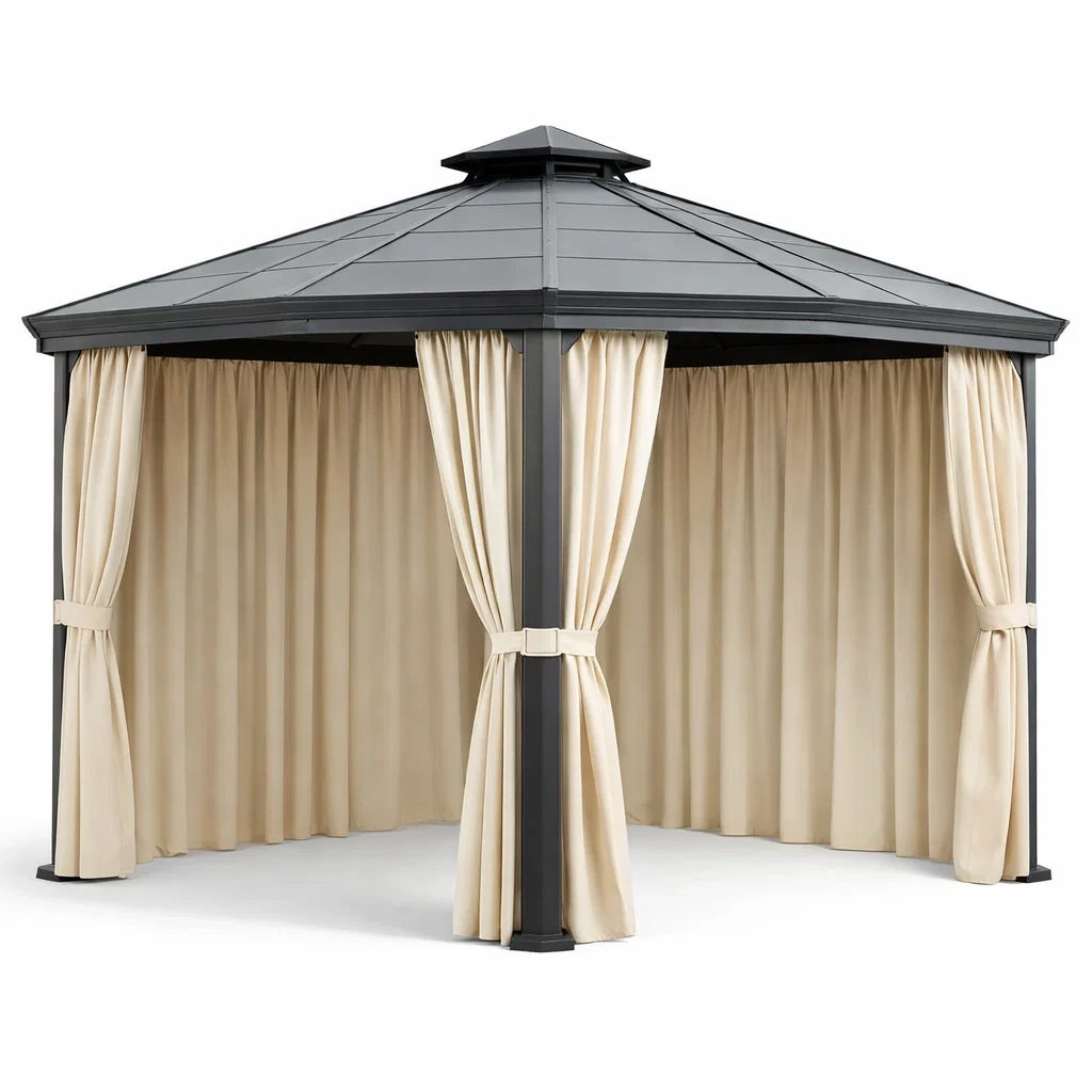 Cream Outdoor Hardtop Gazebo With Curtains-HavenLoria