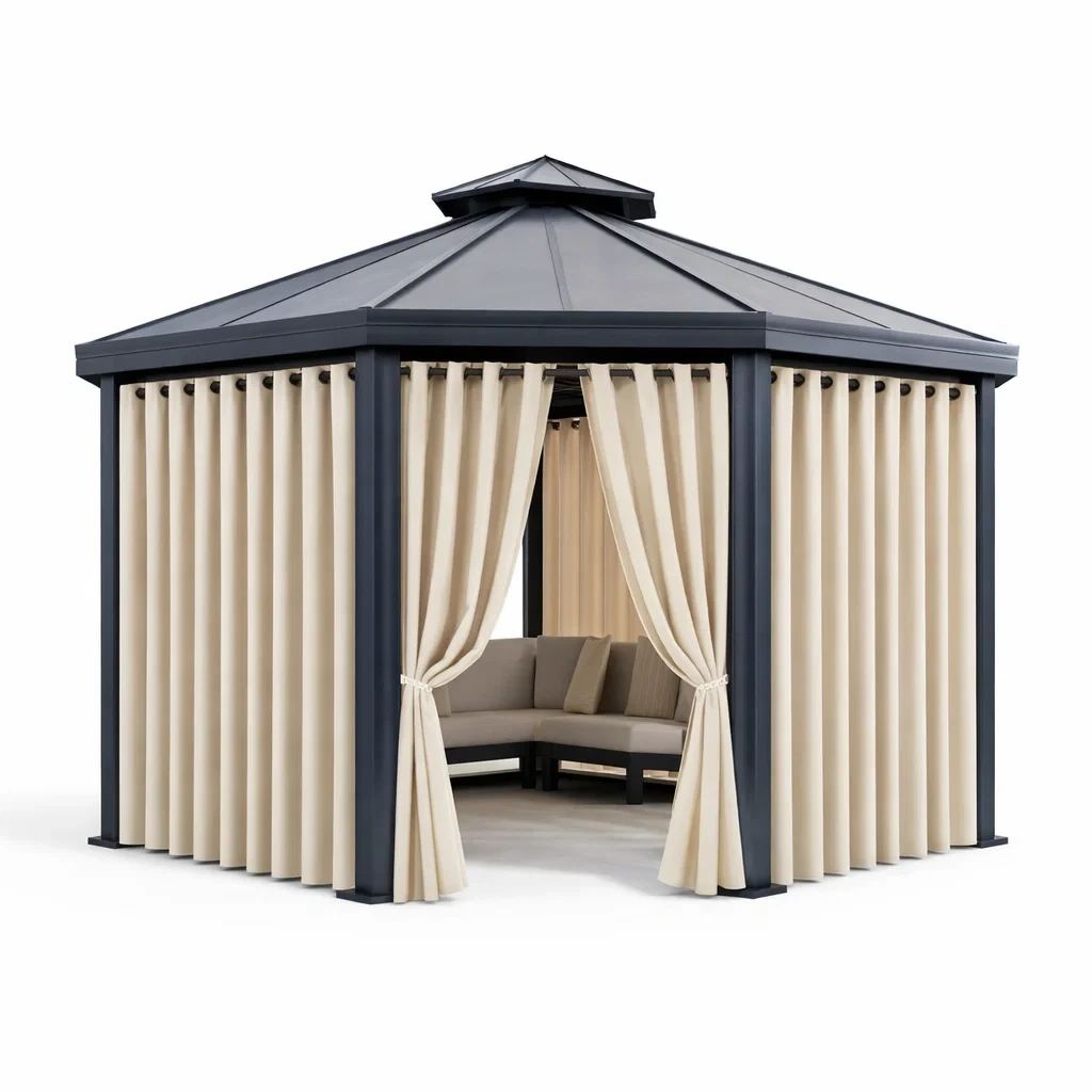 Beige Outdoor Pavilion Gazebo With Curtains-HavenLoria