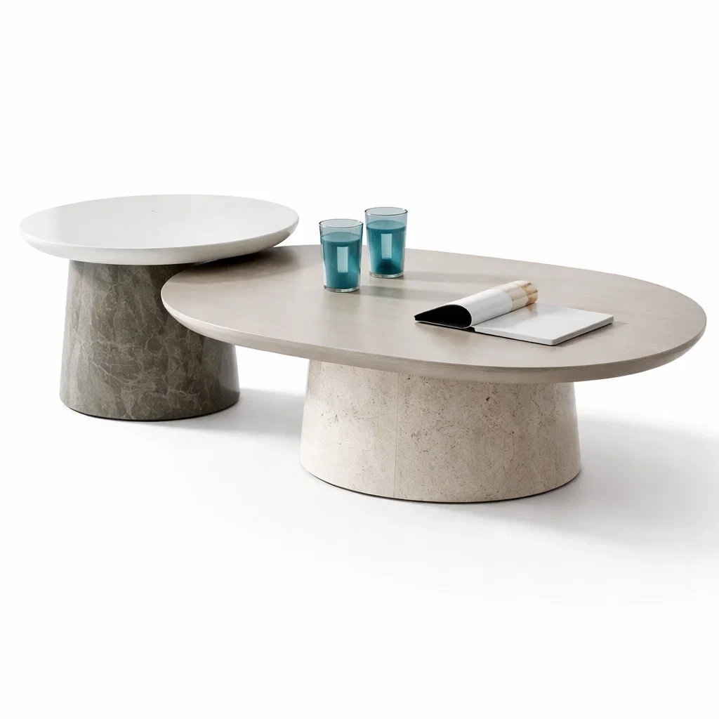 Beige Marble Oval Nesting Coffee Table Set-HavenLoria
