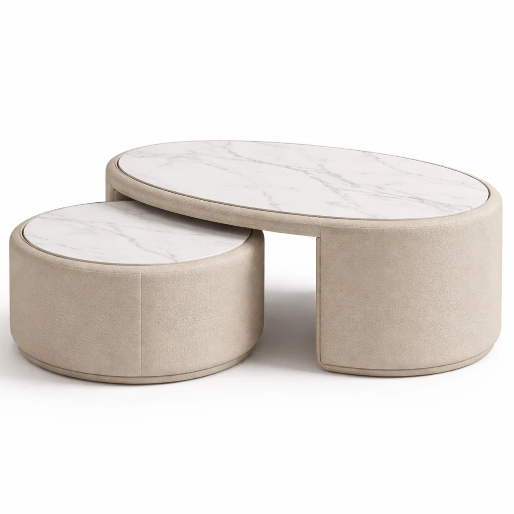 Cream Upholstered Marble Top Nesting Coffee Table-HavenLoria