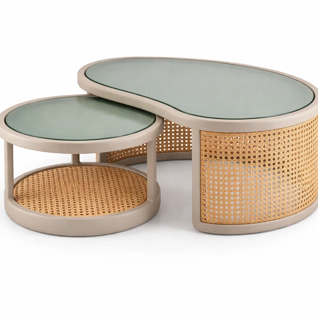 Beige Rattan Glass Nesting Coffee Table-HavenLoria