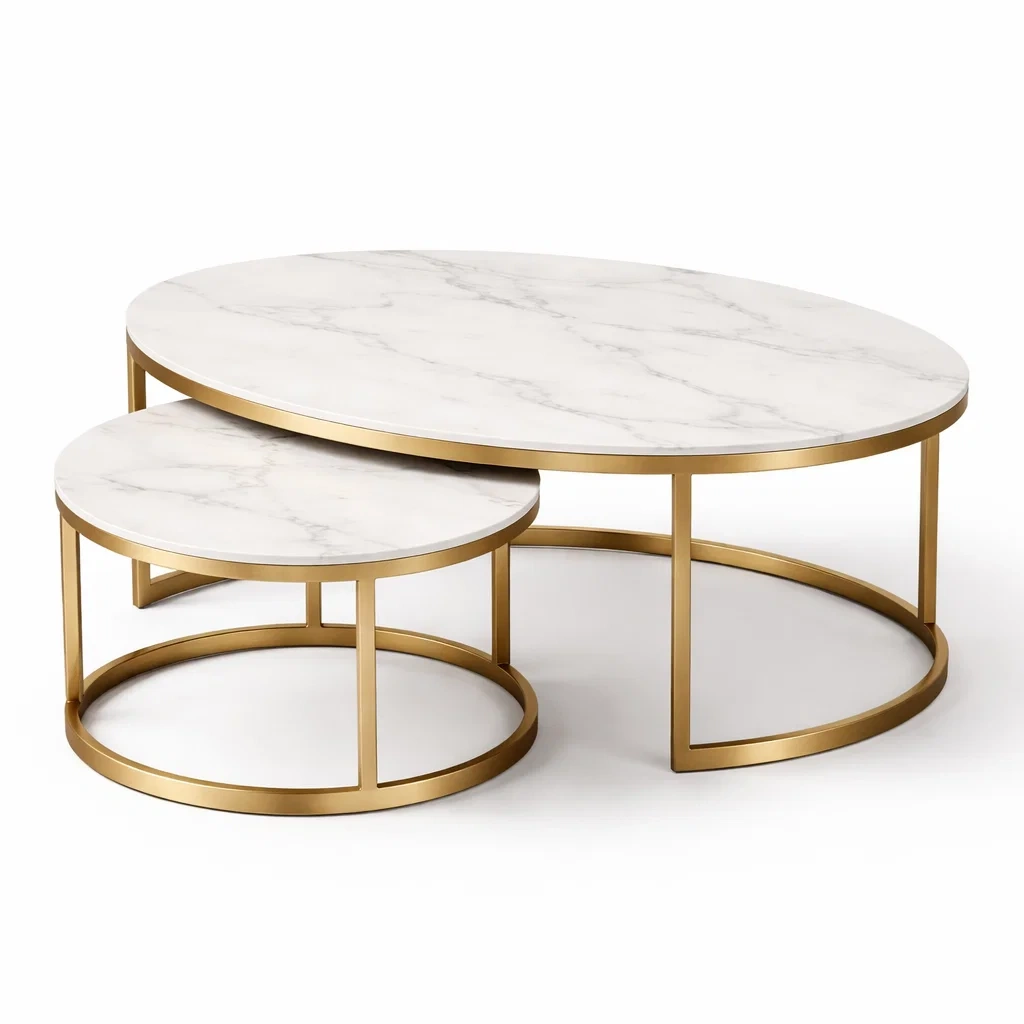 White Marble Gold Frame Nesting Coffee Table-HavenLoria