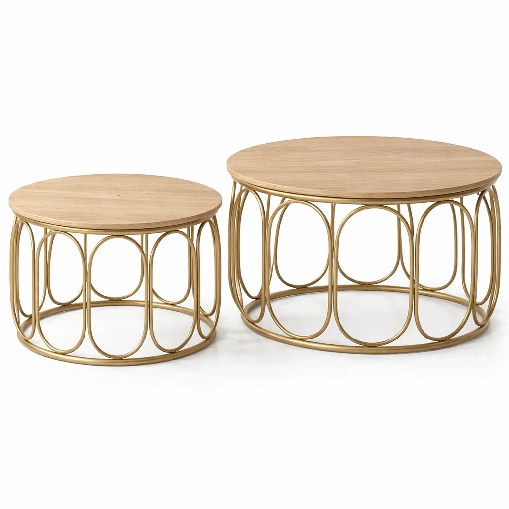 Light Oak Metal Frame Round Coffee Table Set-HavenLoria