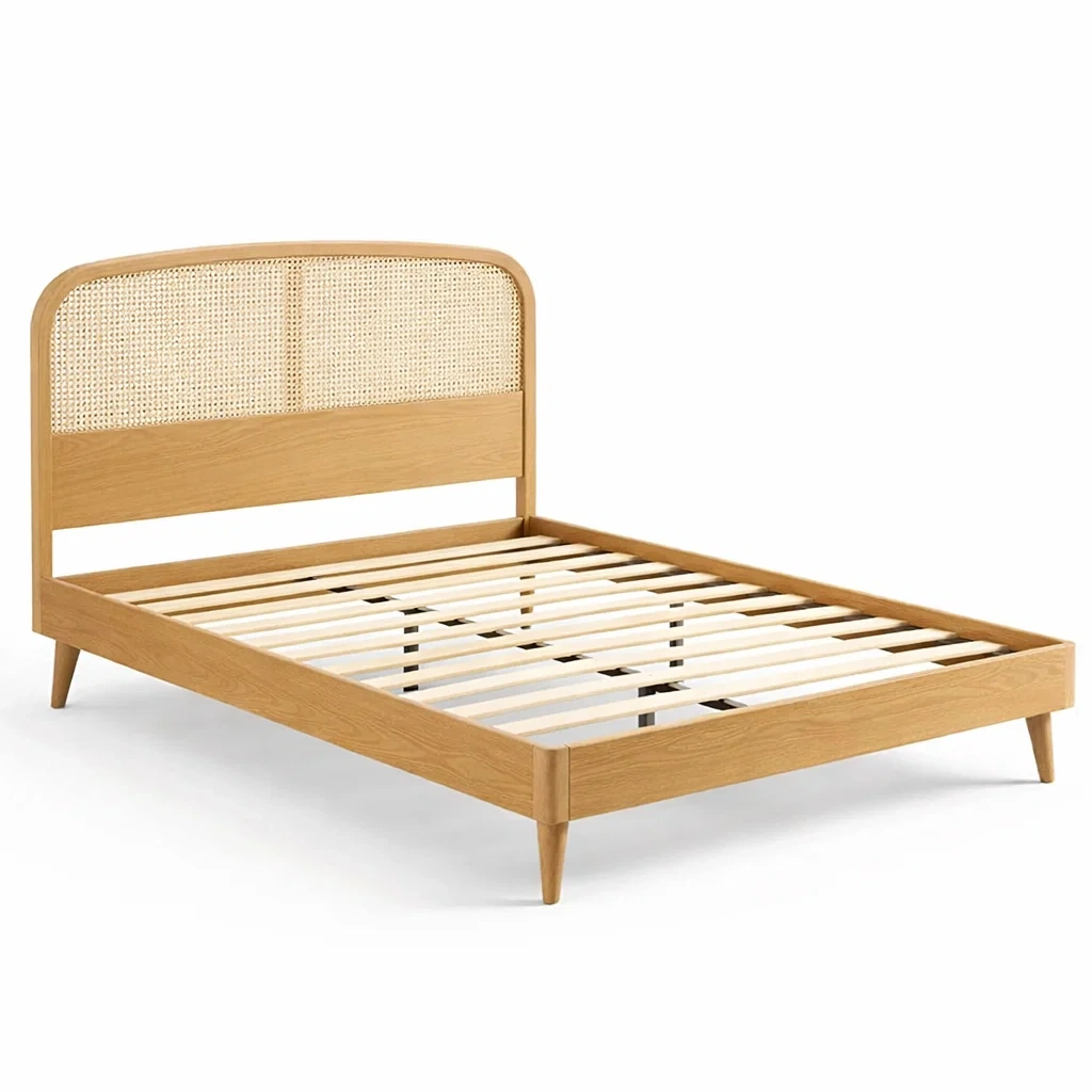 Natural Oak Rattan Headboard Bed Frame-HavenLoria
