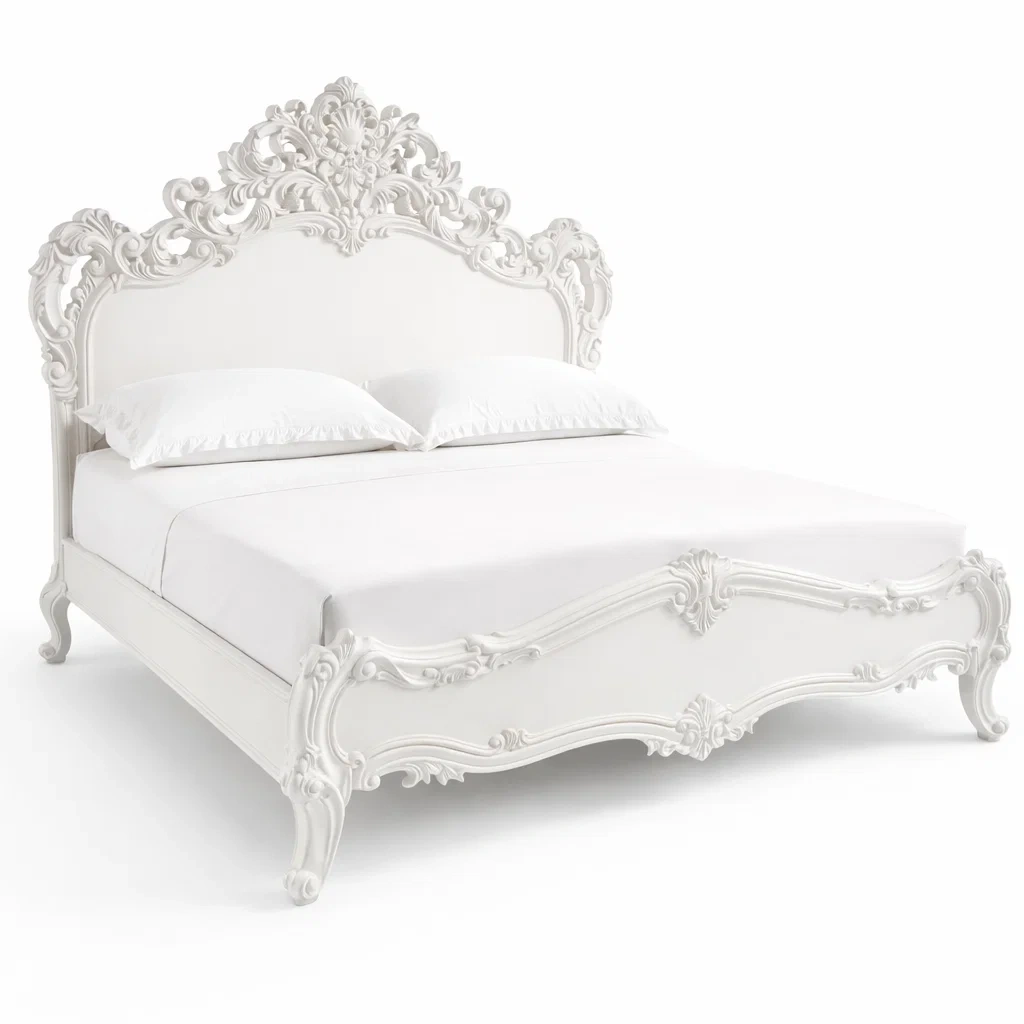 White Baroque Carved Bed Frame-HavenLoria