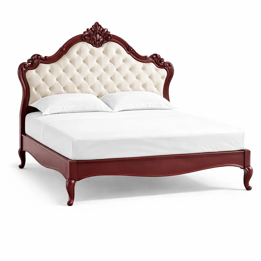 Burgundy Tufted Upholstered Bed Frame-HavenLoria