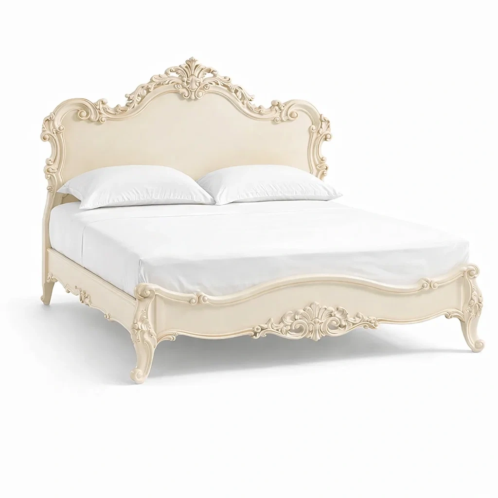 Cream French Provincial Carved Bed Frame-HavenLoria