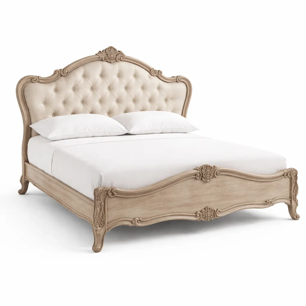 Beige Tufted Vintage Style Bed Frame-HavenLoria