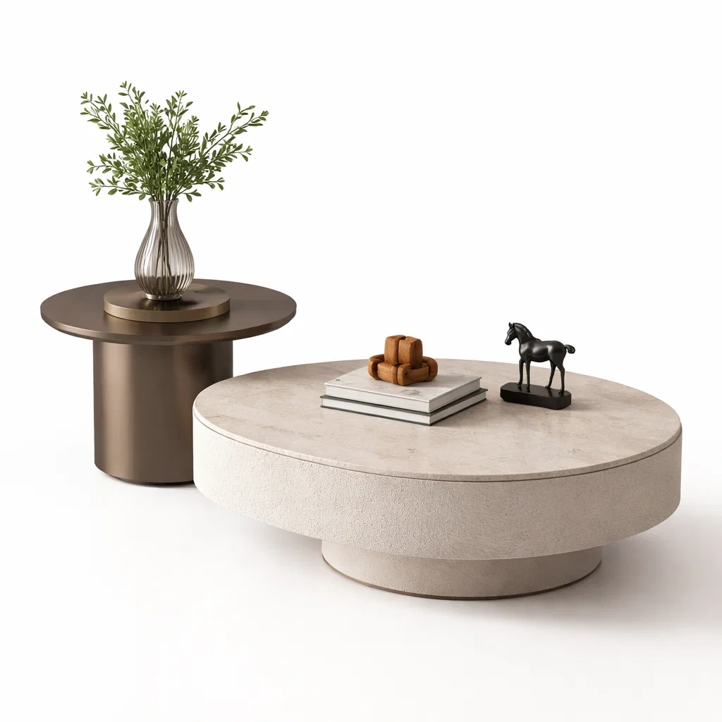 Beige Round Stone Coffee Table Set-CasanovaSpace
