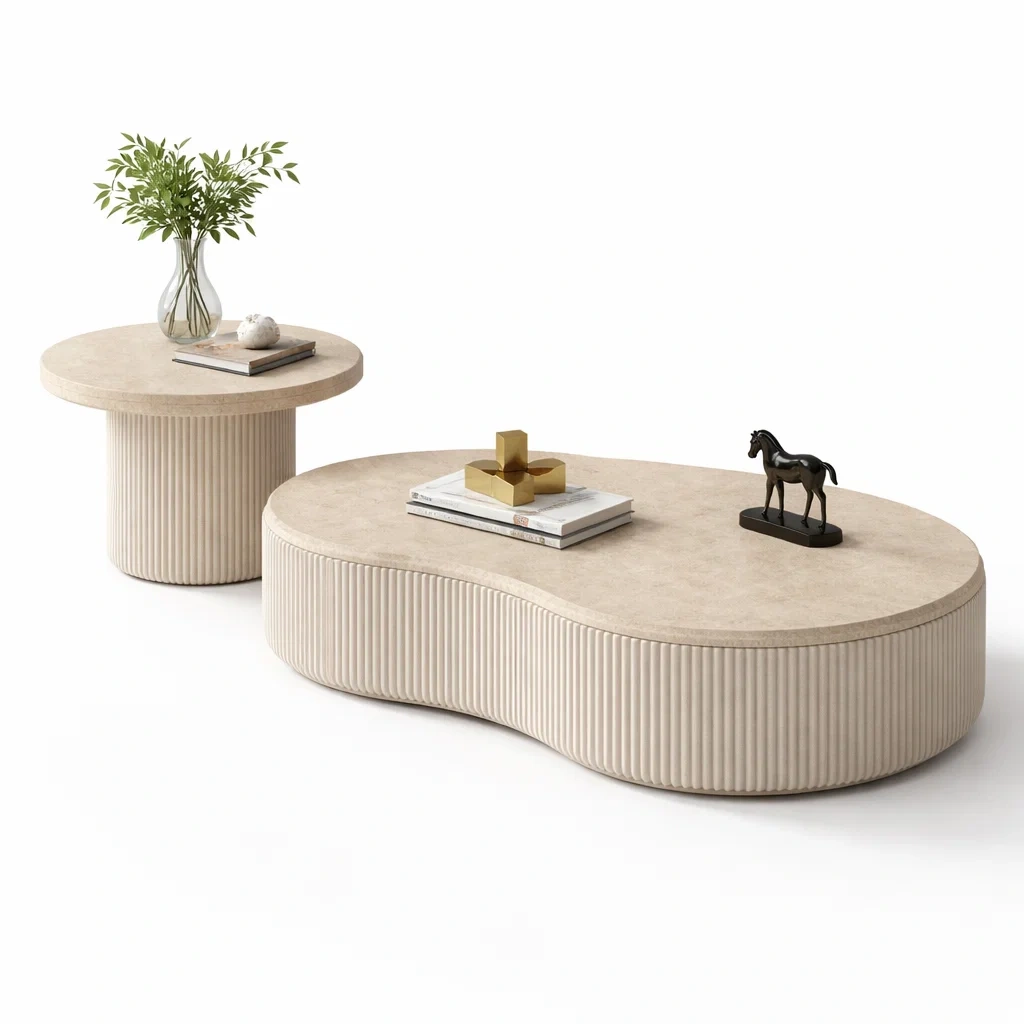 Beige Sculpted Coffee Table Set-CasanovaSpace