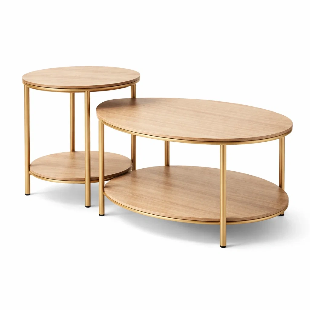 Beige Wood Round Coffee Table Set-CasanovaSpace