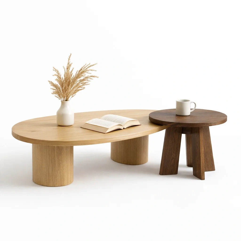 Beige Wood Oval Coffee Table Set-CasanovaSpace