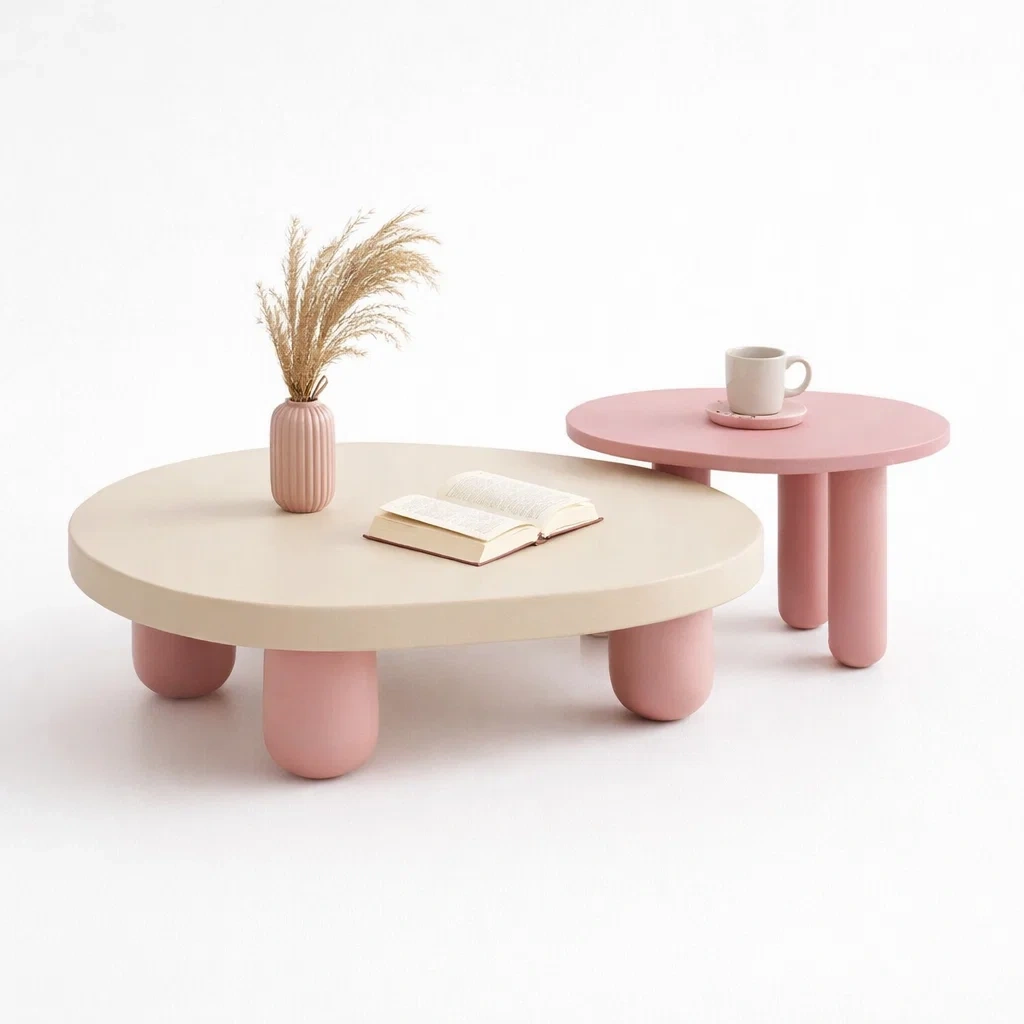 Beige Pink Round Coffee Table Set-CasanovaSpace