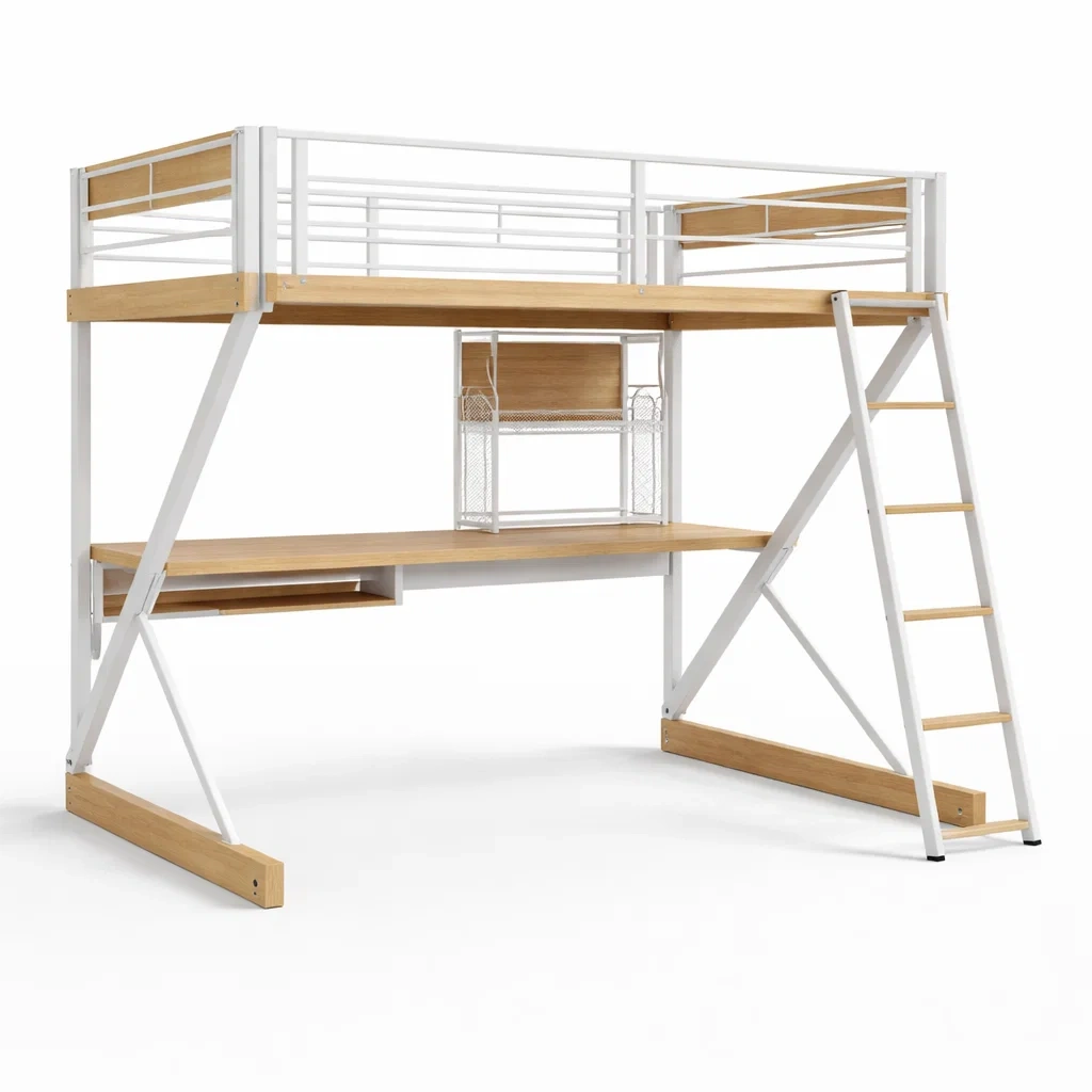 White Metal Loft Bed With Desk-CasanovaSpace