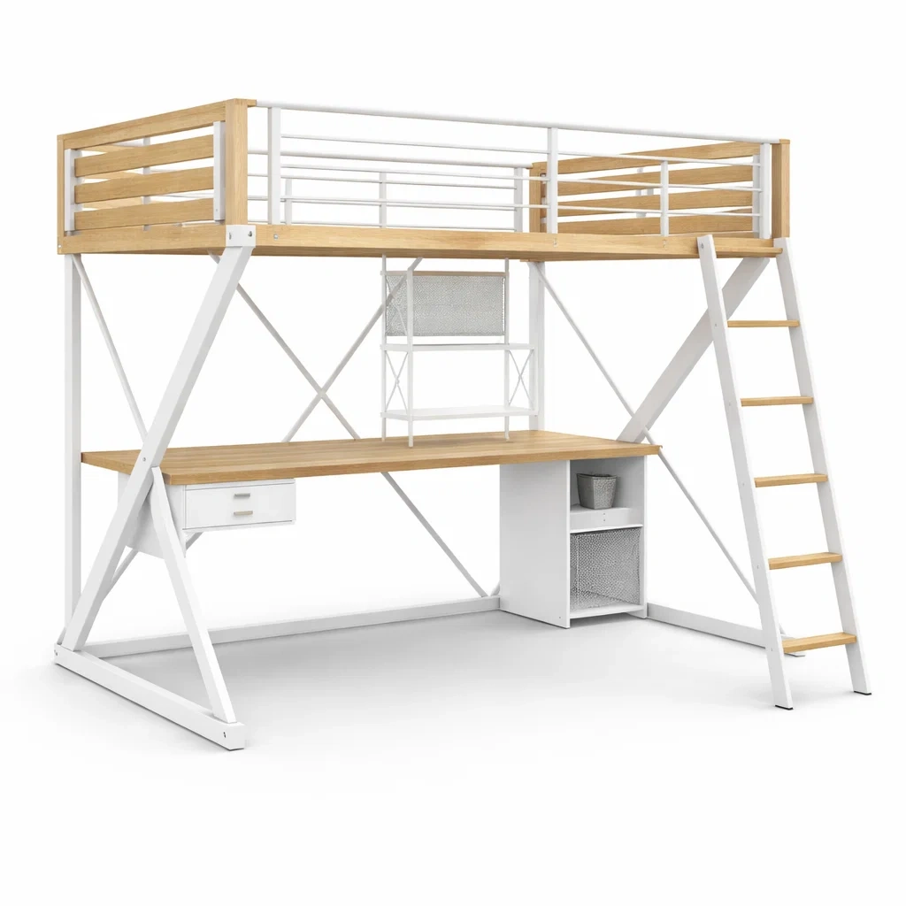 White Wood Metal Loft Bed With Desk-CasanovaSpace