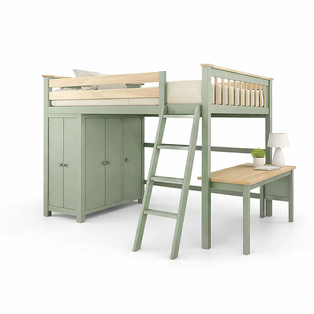 Green Wooden Loft Bed With Cabinet Desk-CasanovaSpace