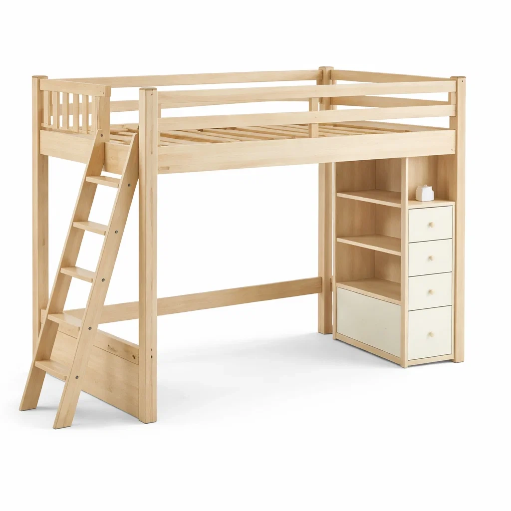 Beige Wooden Loft Bed With Storage-CasanovaSpace