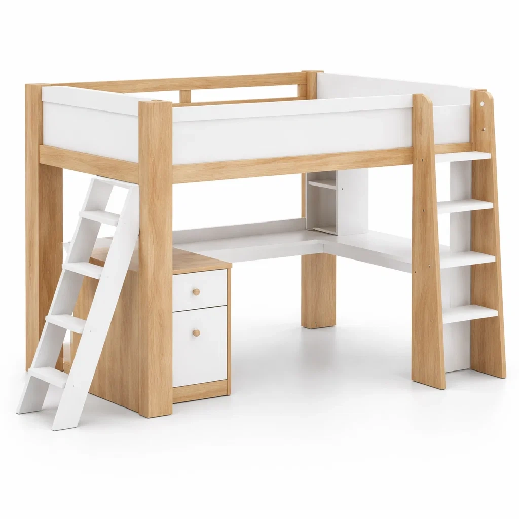 White Wood Loft Bed With Desk Storage-CasanovaSpace
