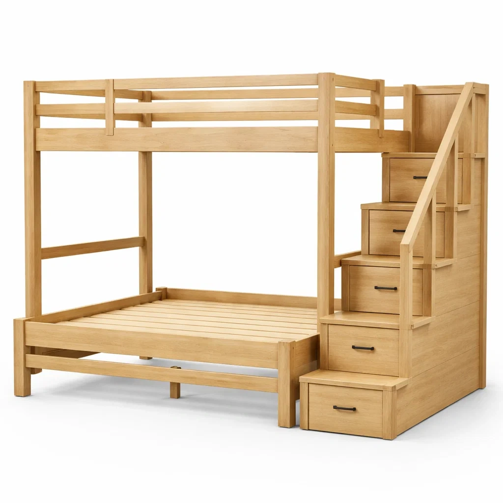 Beige Wooden Bunk Bed With Storage Stairs-CasanovaSpace