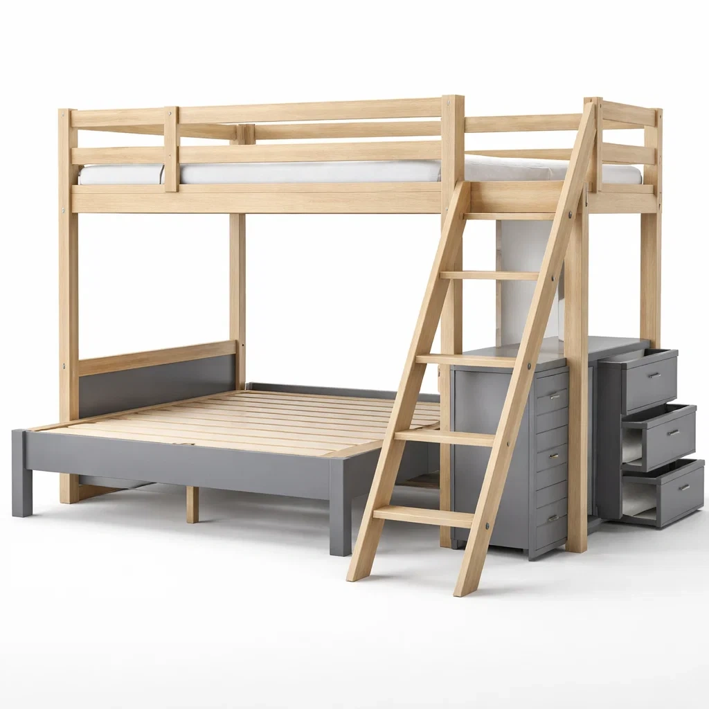 Beige Wooden Bunk Bed With Desk Storage-CasanovaSpace
