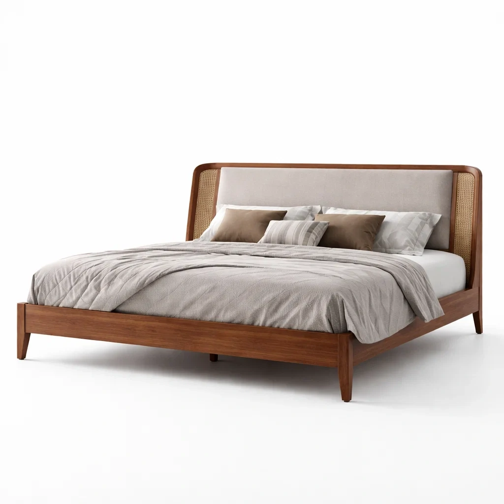 Brown Solid Wood Rattan Panel Bed Frame-CasanovaSpace