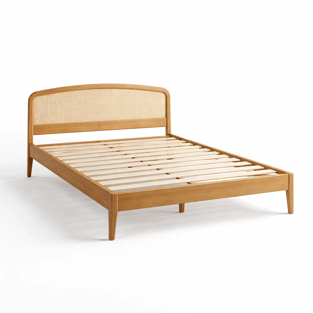 Brown Solid Wood Rattan Headboard Bed-CasanovaSpace