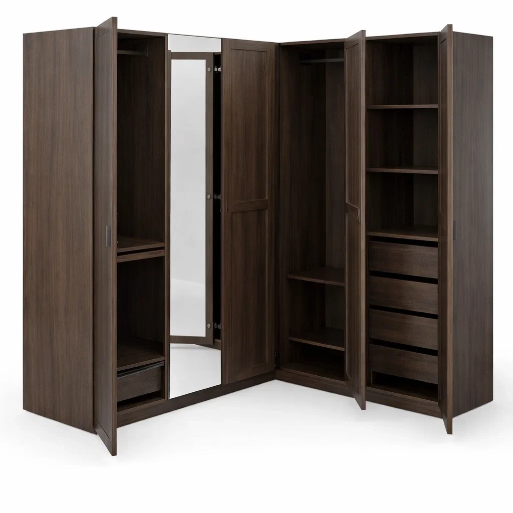 Dark Walnut Corner Wardrobe with Mirror Storage Cabinet-CasanovaSpace