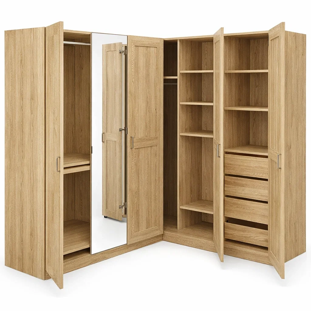 Natural Oak Corner Wardrobe with Mirror Storage Cabinet-CasanovaSpace