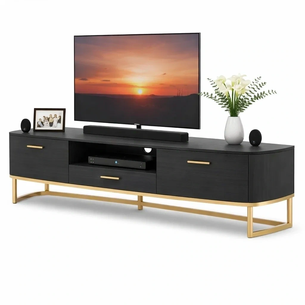Modern Black TV Stand with Gold Metal Base-urbinoo